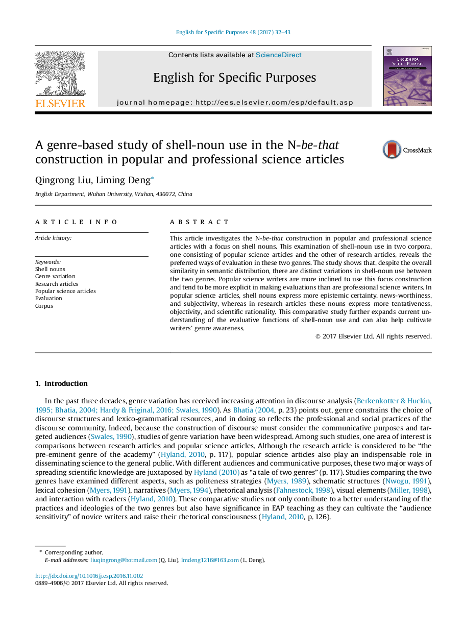 A genre-based study of shell-noun use in the N-be-that construction in popular and professional science articles