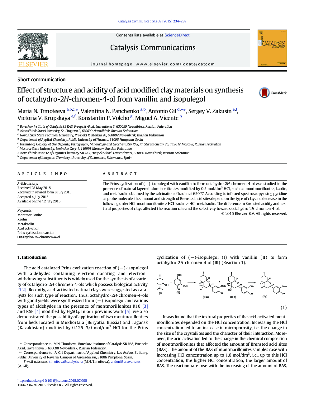 Effect of structure and acidity of acid modified clay materials on synthesis of octahydro-2H-chromen-4-ol from vanillin and isopulegol