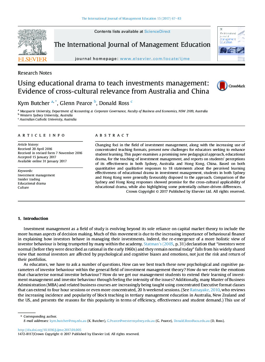 استفاده از درام آموزشی برای تدریس مدیریت سرمایه گذاری: شواهد ارتباط متقابل فرهنگی از استرالیا و چین