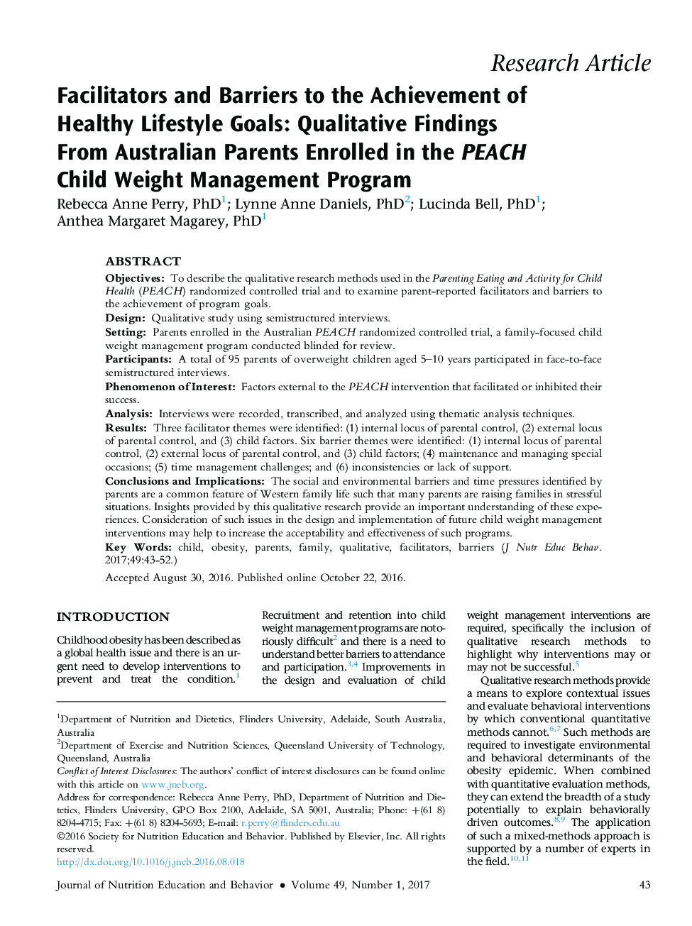 Facilitators and Barriers to the Achievement of Healthy Lifestyle Goals: Qualitative Findings FromÂ Australian Parents Enrolled in the PEACH Child Weight Management Program