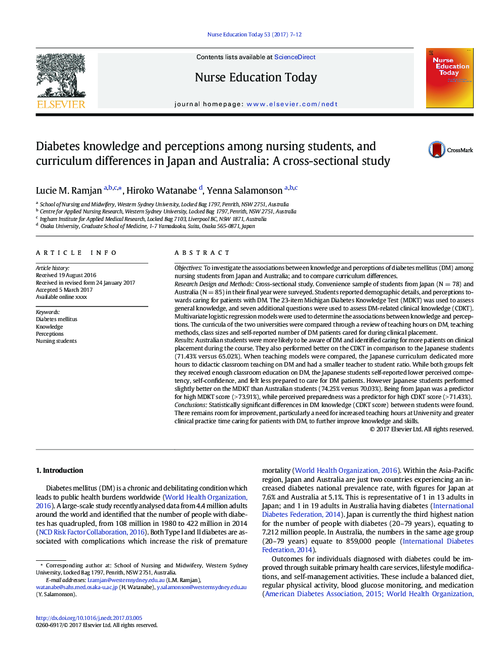 آگاهی و درک دیابت در میان دانشجویان پرستاری و تفاوت های درسی در ژاپن و استرالیا: یک مطالعه مقطعی 