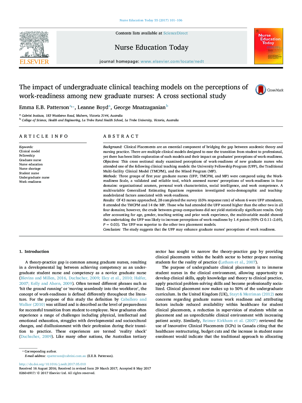 تأثیر مدلهای آموزش بالینی کارشناسی بر روی درک آمادگی کار در پرستاران جدید فارغ التحصیل: یک مطالعه مقطعی 