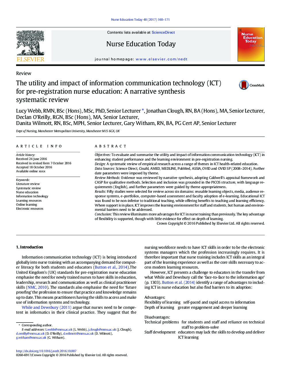 The utility and impact of information communication technology (ICT) for pre-registration nurse education: A narrative synthesis systematic review