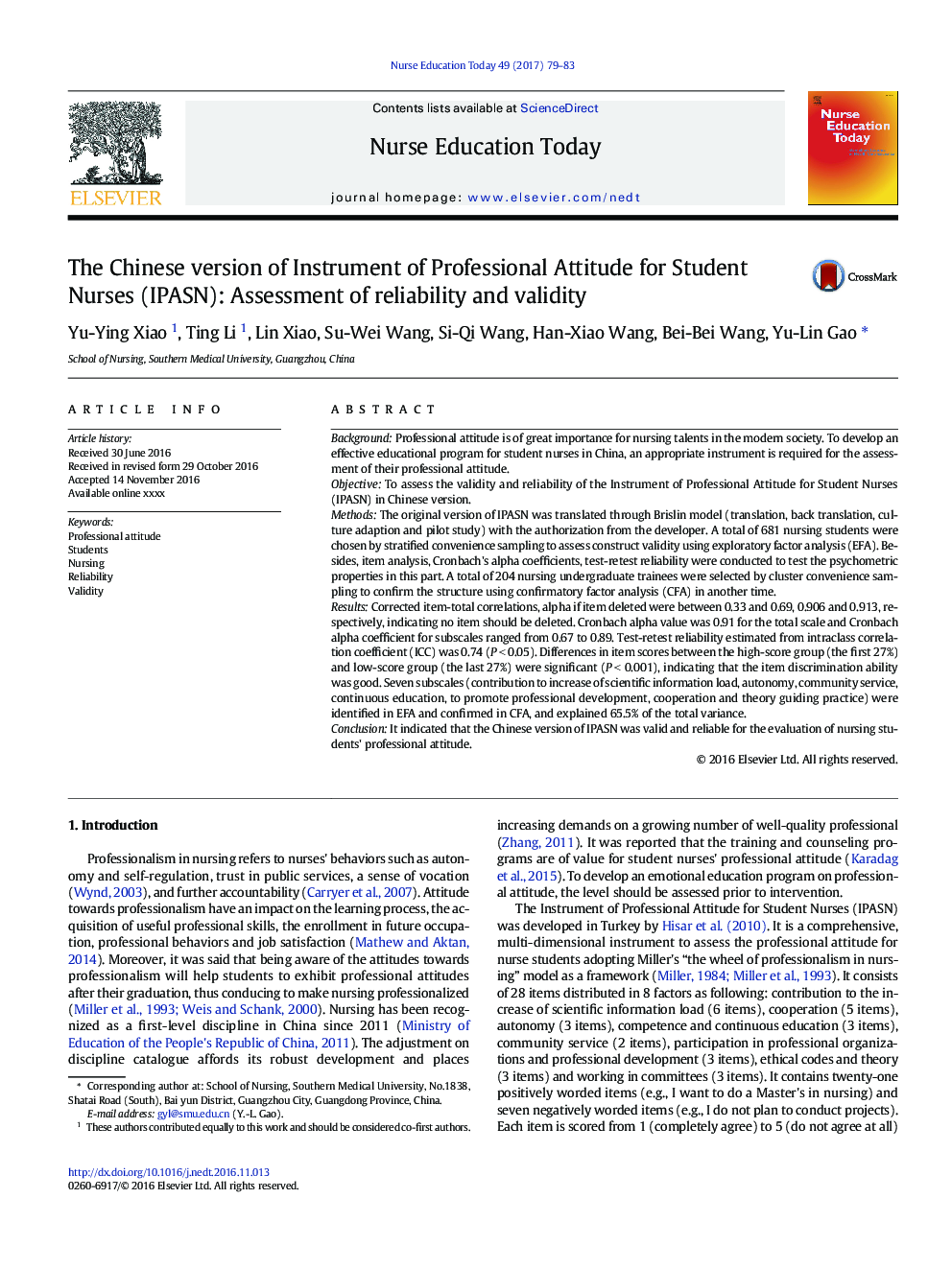 The Chinese version of Instrument of Professional Attitude for Student Nurses (IPASN): Assessment of reliability and validity