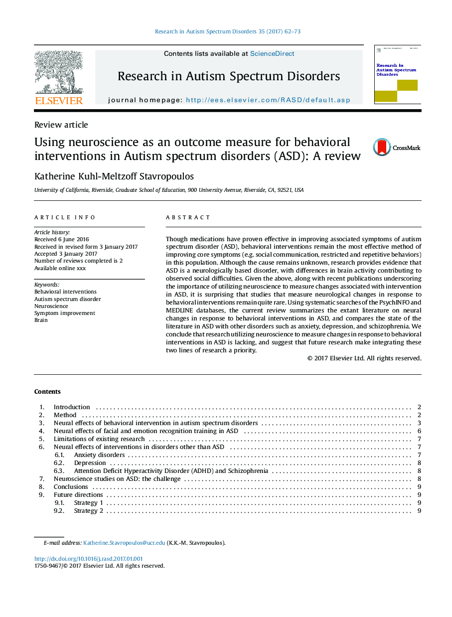 Using neuroscience as an outcome measure for behavioral interventions in Autism spectrum disorders (ASD): A review