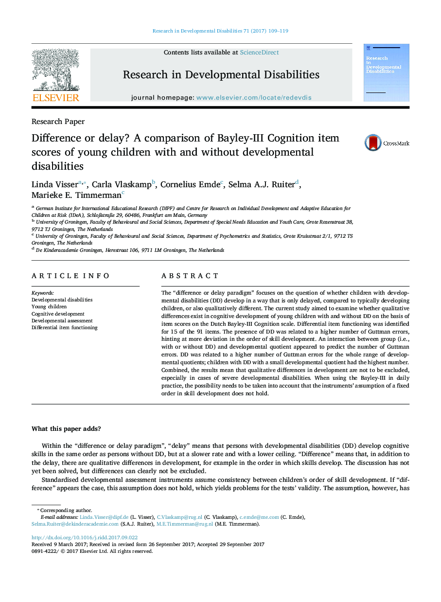 Difference or delay? A comparison of Bayley-III Cognition item scores of young children with and without developmental disabilities