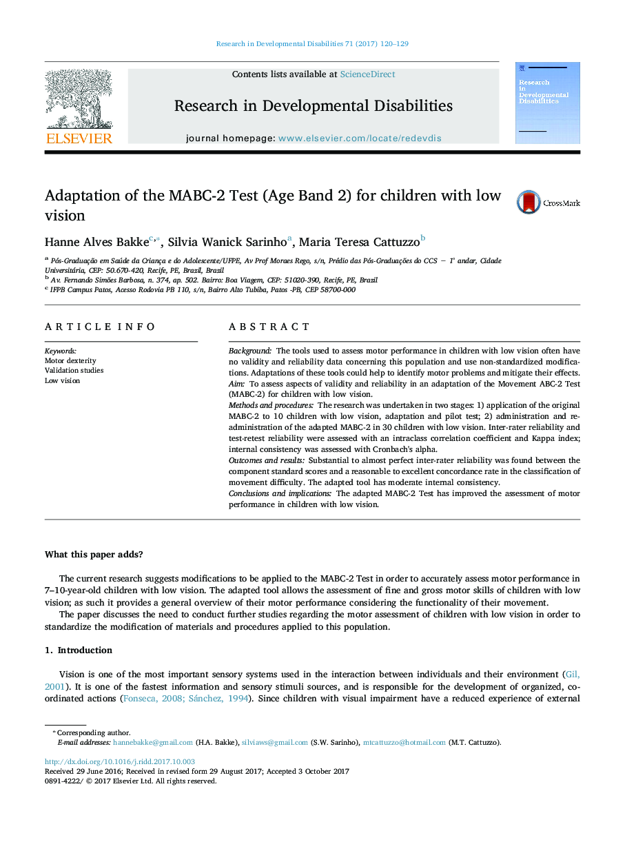 Adaptation of the MABC-2 Test (Age Band 2) for children with low vision