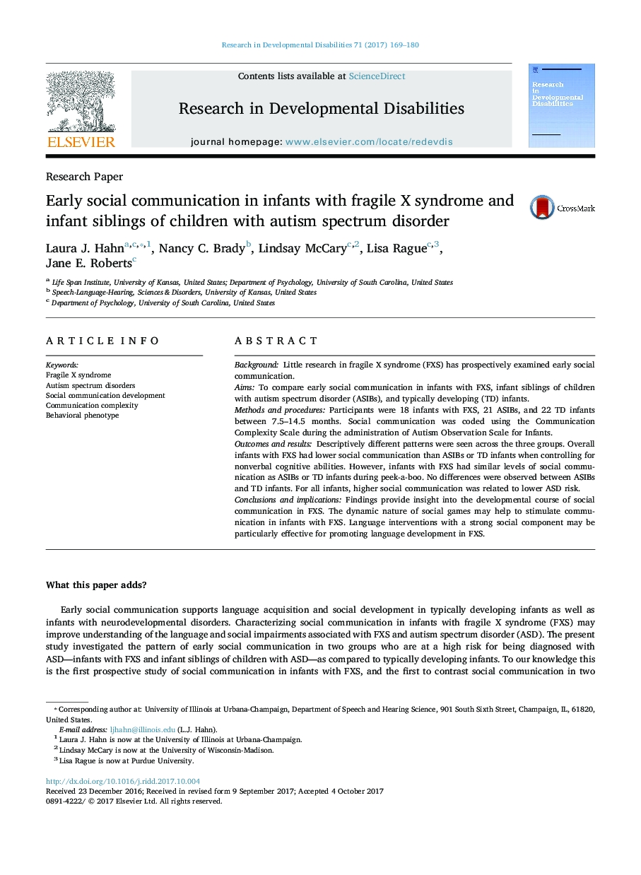 Early social communication in infants with fragile X syndrome and infant siblings of children with autism spectrum disorder