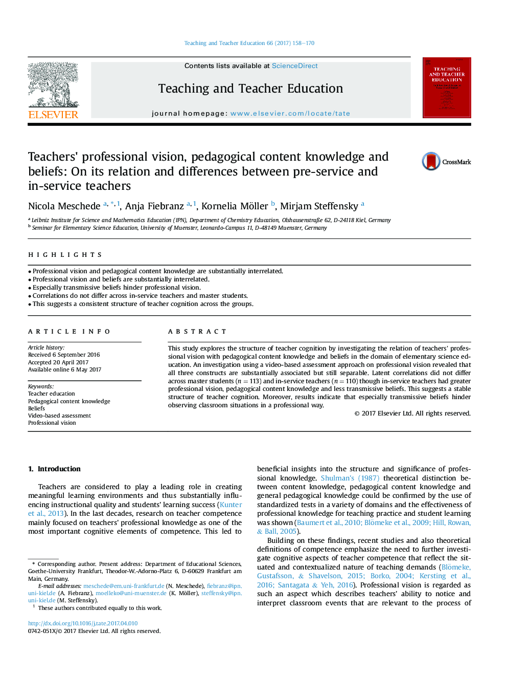 دیدگاه حرفه ای معلمان، دانش و باورهای محتوائی آموزشی: در رابطه و تفاوت های بین معلمان پیش دبستان و معلمان 