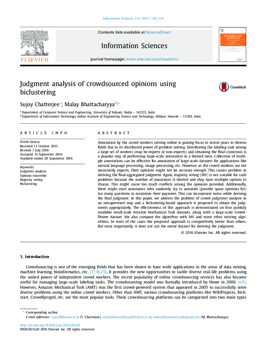 Judgment analysis of crowdsourced opinions using biclustering