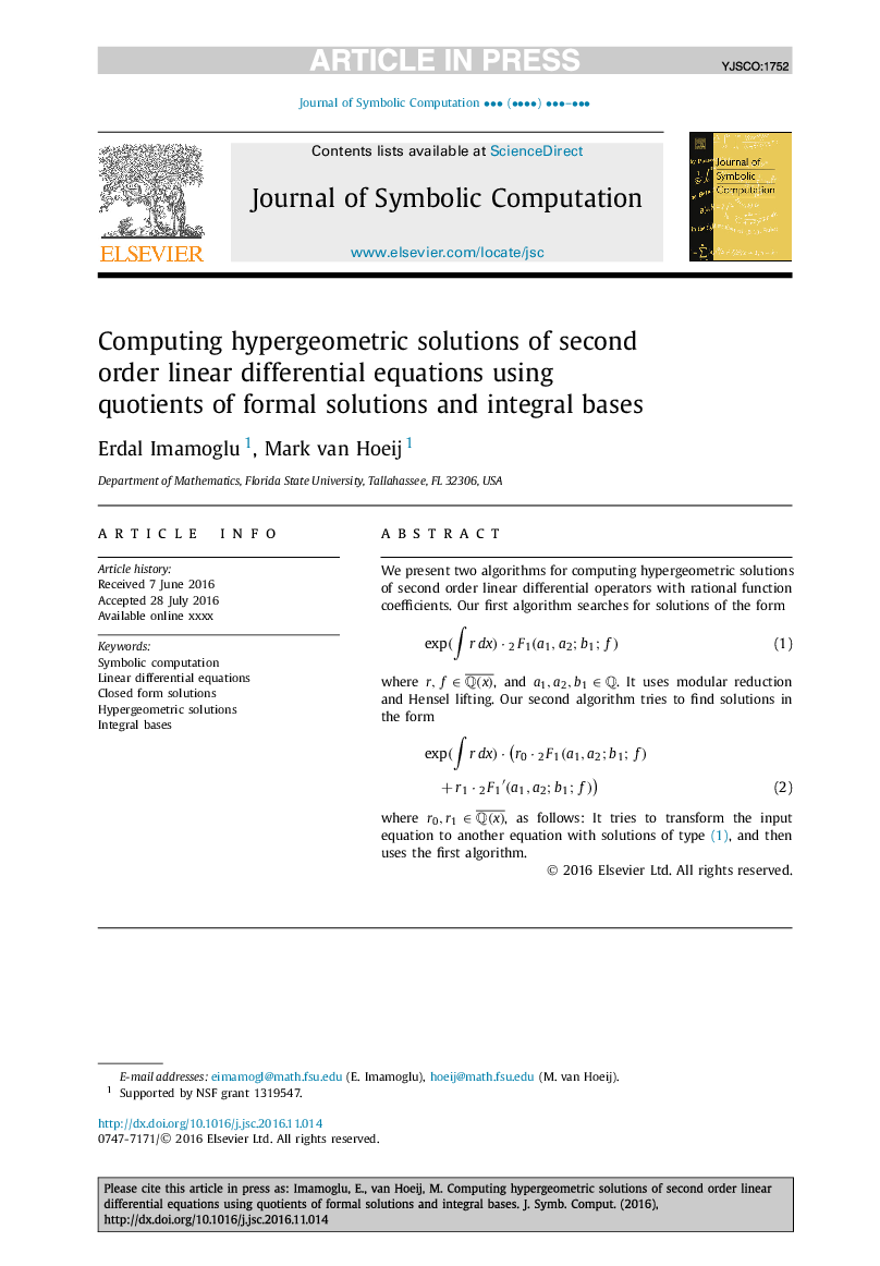 Computing hypergeometric solutions of second order linear differential equations using quotients of formal solutions and integral bases