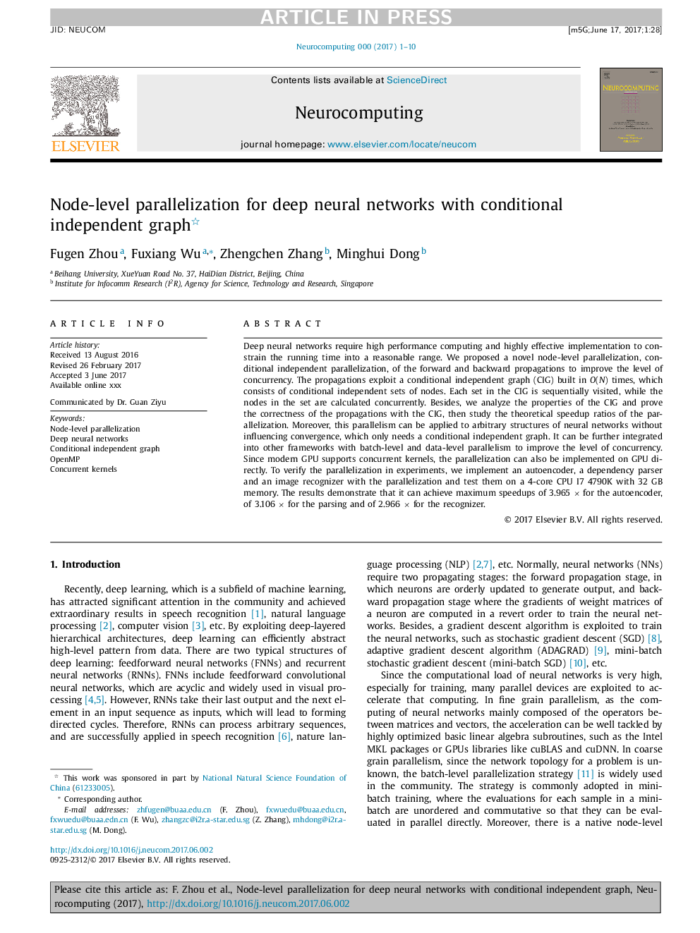 Node-level parallelization for deep neural networks with conditional independent graph