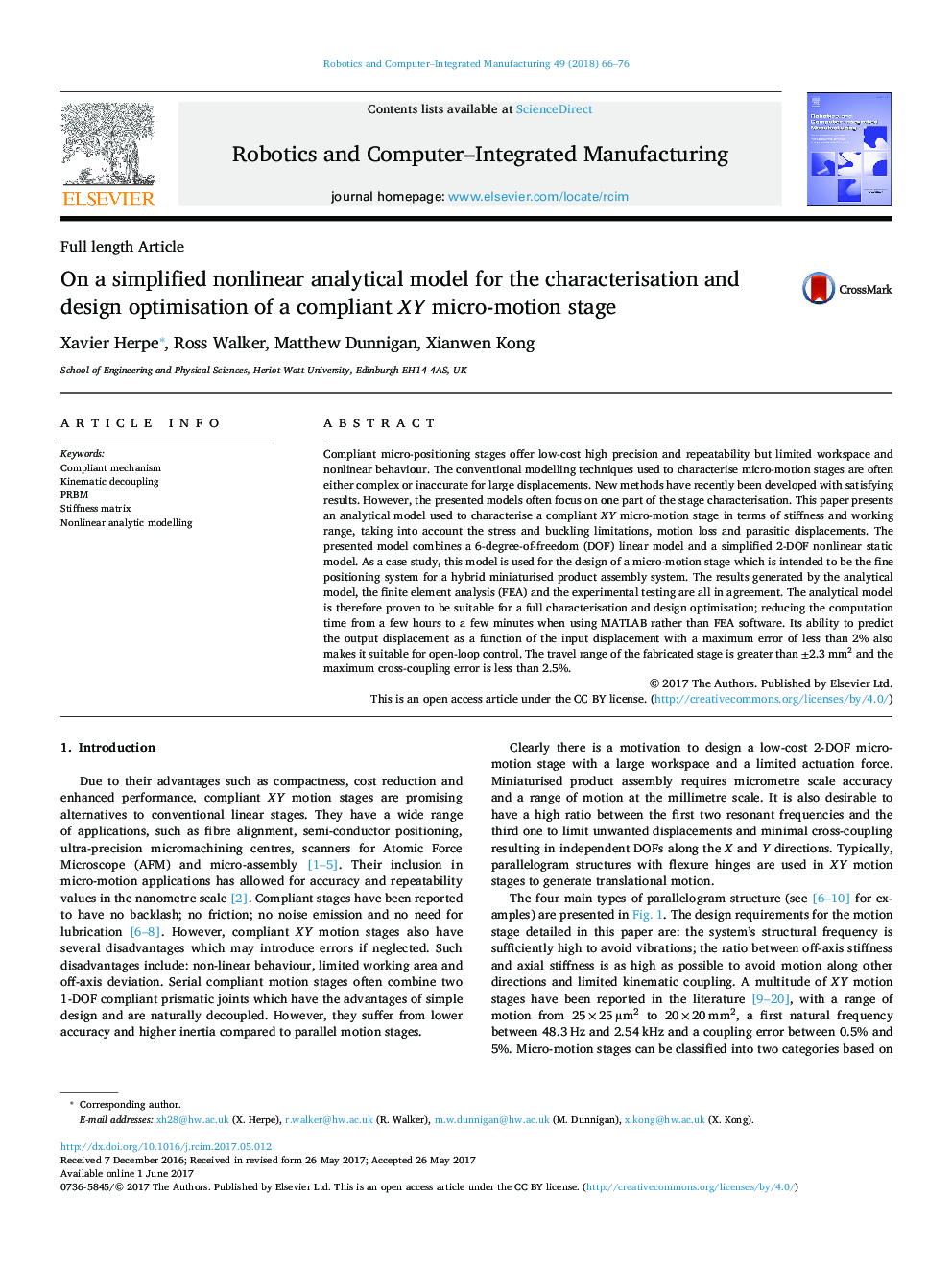 On a simplified nonlinear analytical model for the characterisation and design optimisation of a compliant XY micro-motion stage