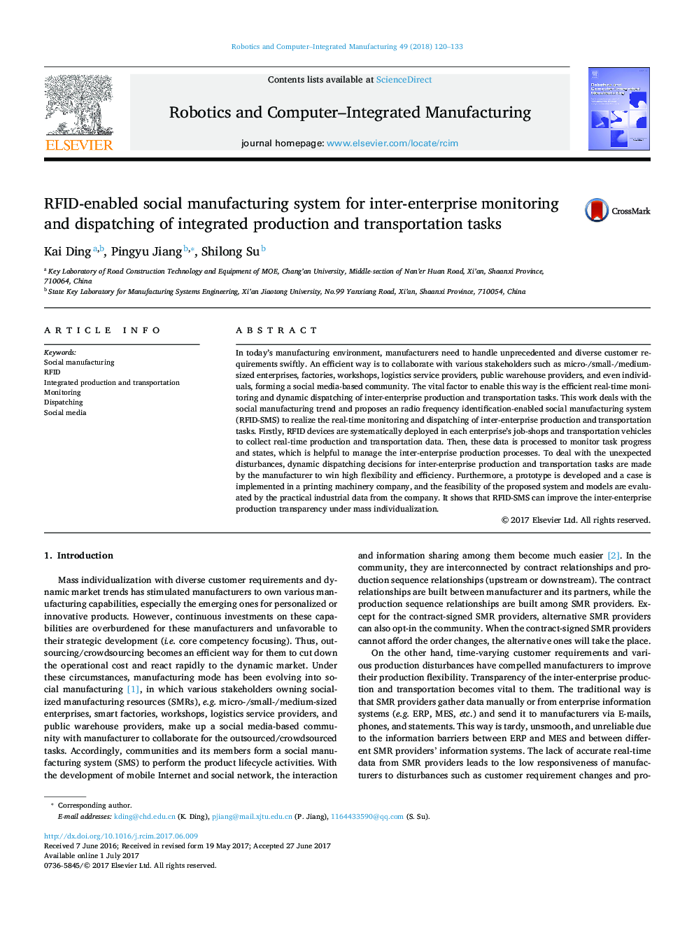 RFID-enabled social manufacturing system for inter-enterprise monitoring and dispatching of integrated production and transportation tasks