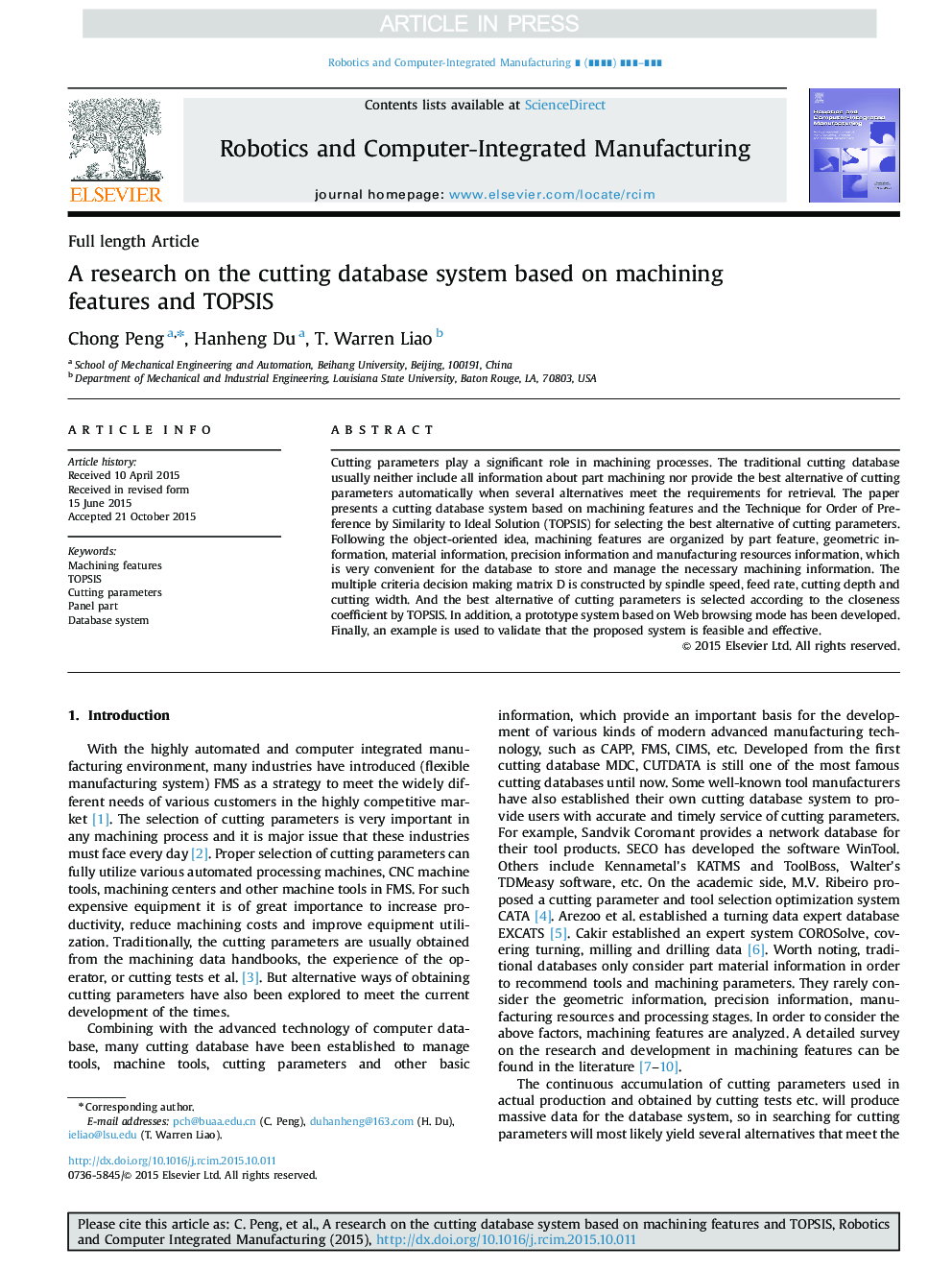 A research on the cutting database system based on machining features and TOPSIS