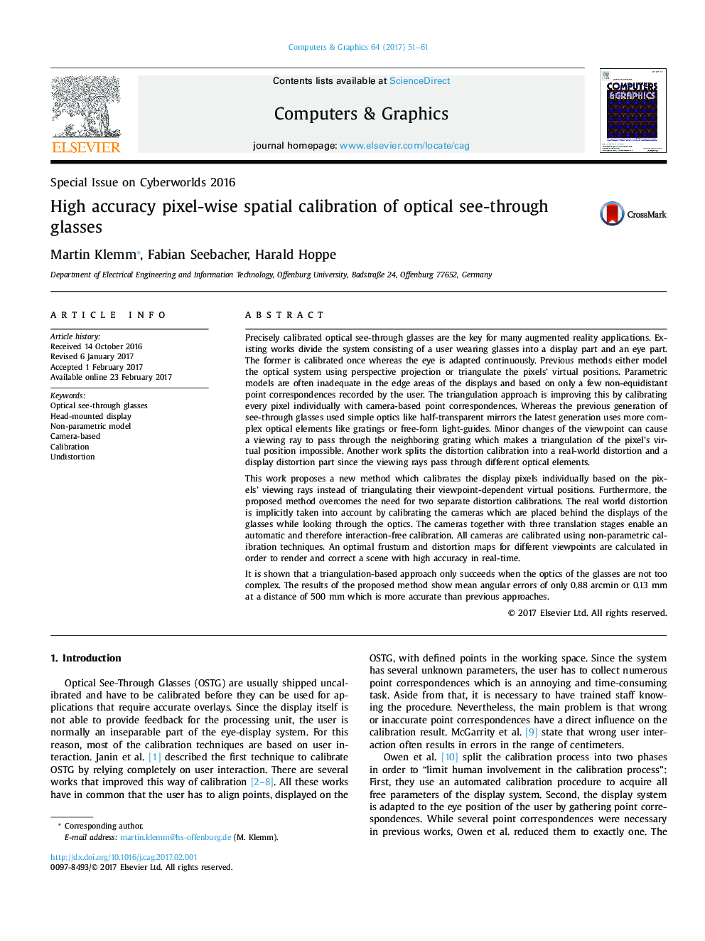 Special Issue on Cyberworlds 2016High accuracy pixel-wise spatial calibration of optical see-through glasses