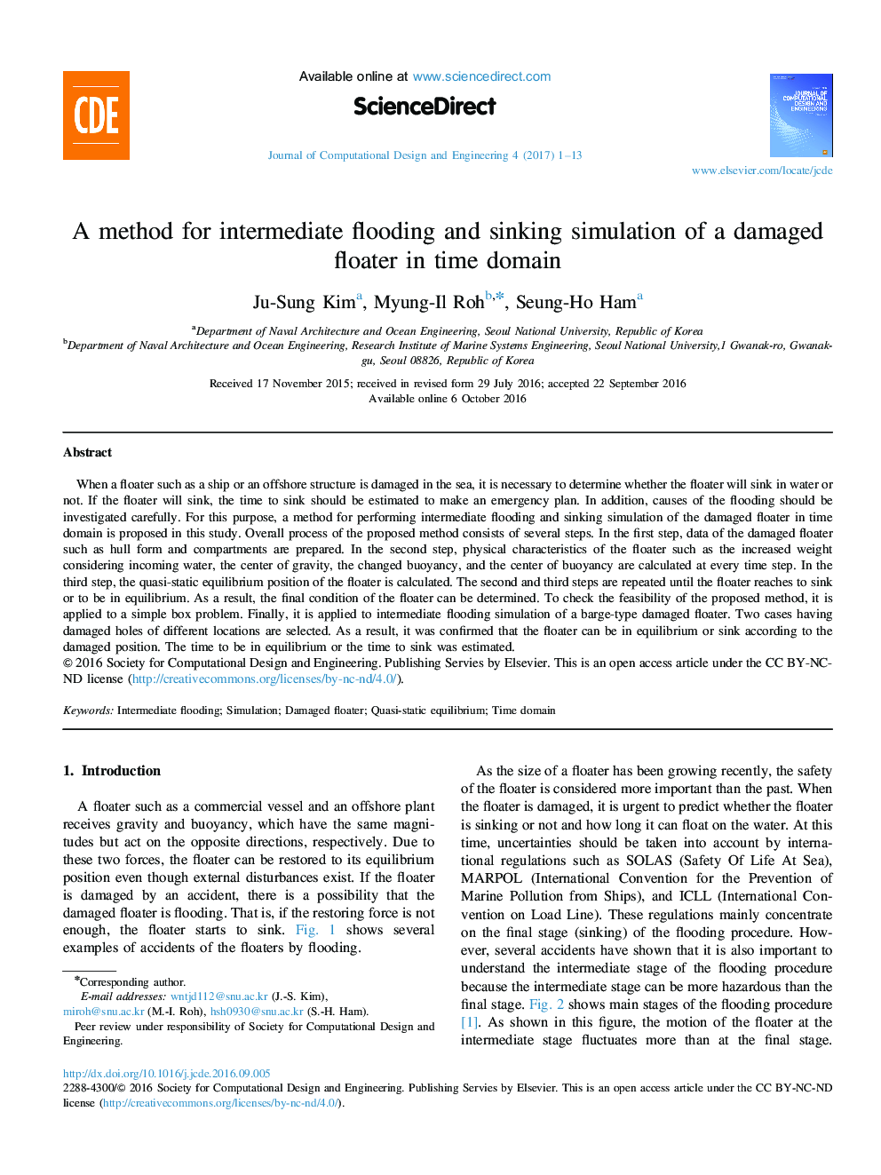 A method for intermediate flooding and sinking simulation of a damaged floater in time domain