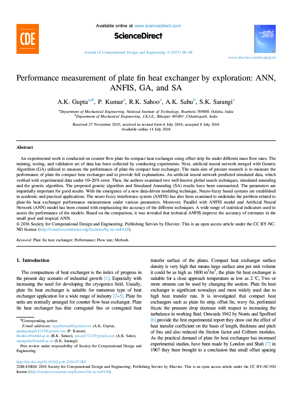 Performance measurement of plate fin heat exchanger by exploration: ANN, ANFIS, GA, and SA