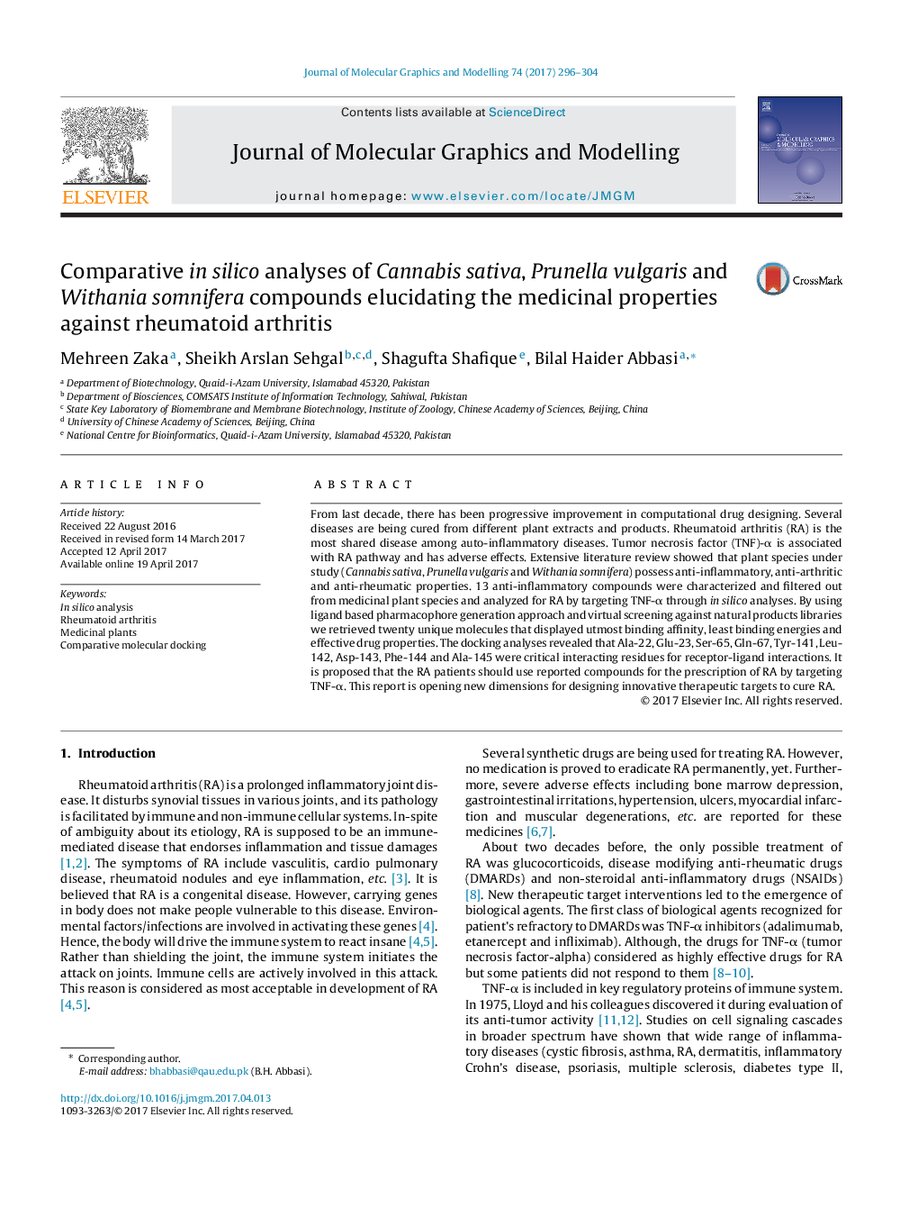 Comparative in silico analyses of Cannabis sativa, Prunella vulgaris and Withania somnifera compounds elucidating the medicinal properties against rheumatoid arthritis