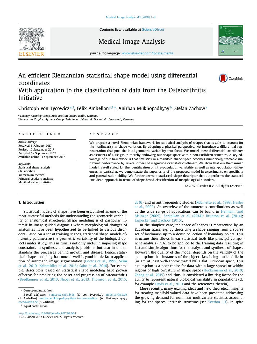 An efficient Riemannian statistical shape model using differential coordinates: With application to the classification of data from the Osteoarthritis Initiative