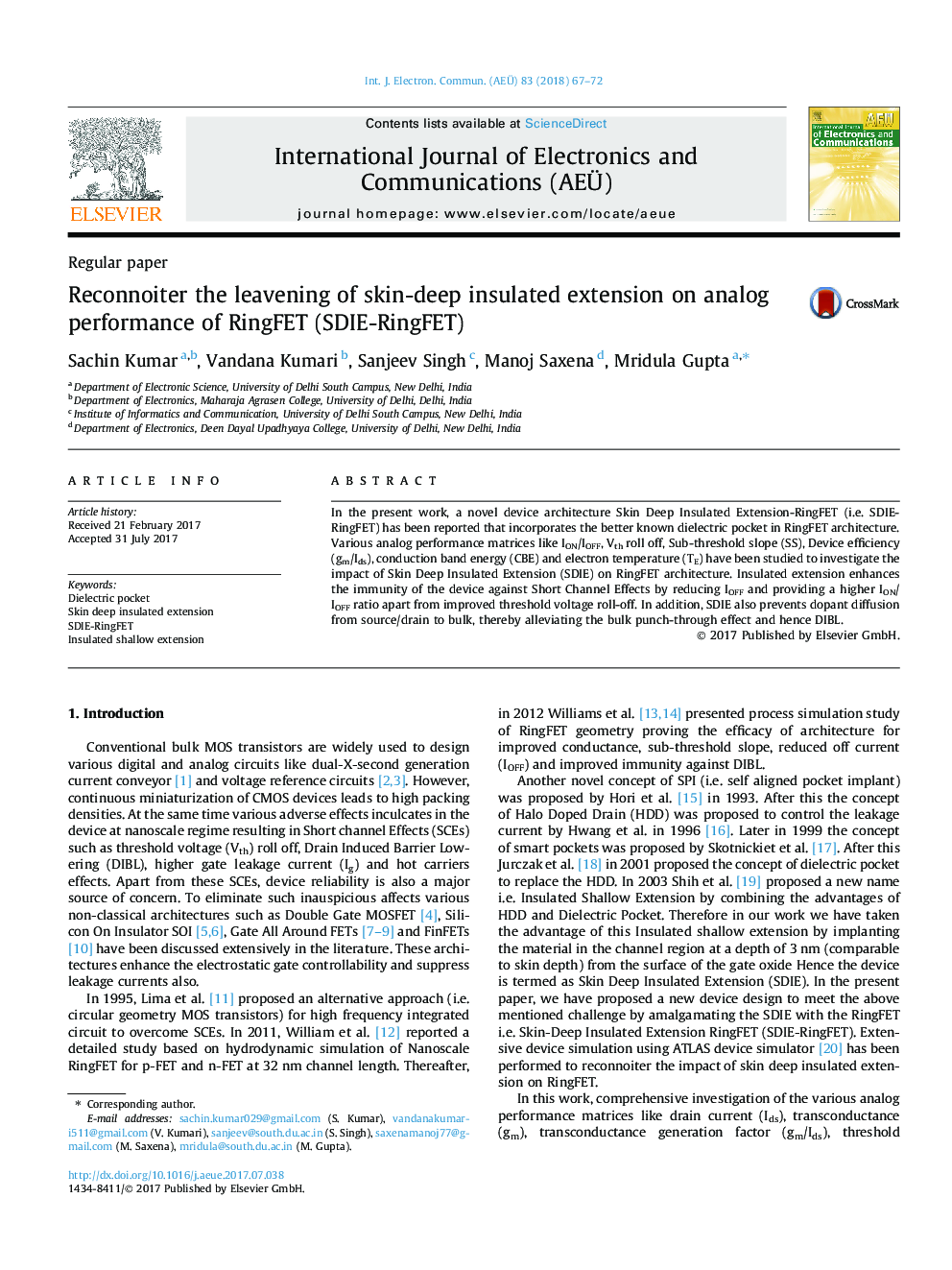 Reconnoiter the leavening of skin-deep insulated extension on analog performance of RingFET (SDIE-RingFET)