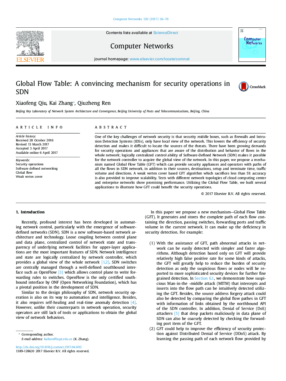 Global Flow Table: A convincing mechanism for security operations in SDN