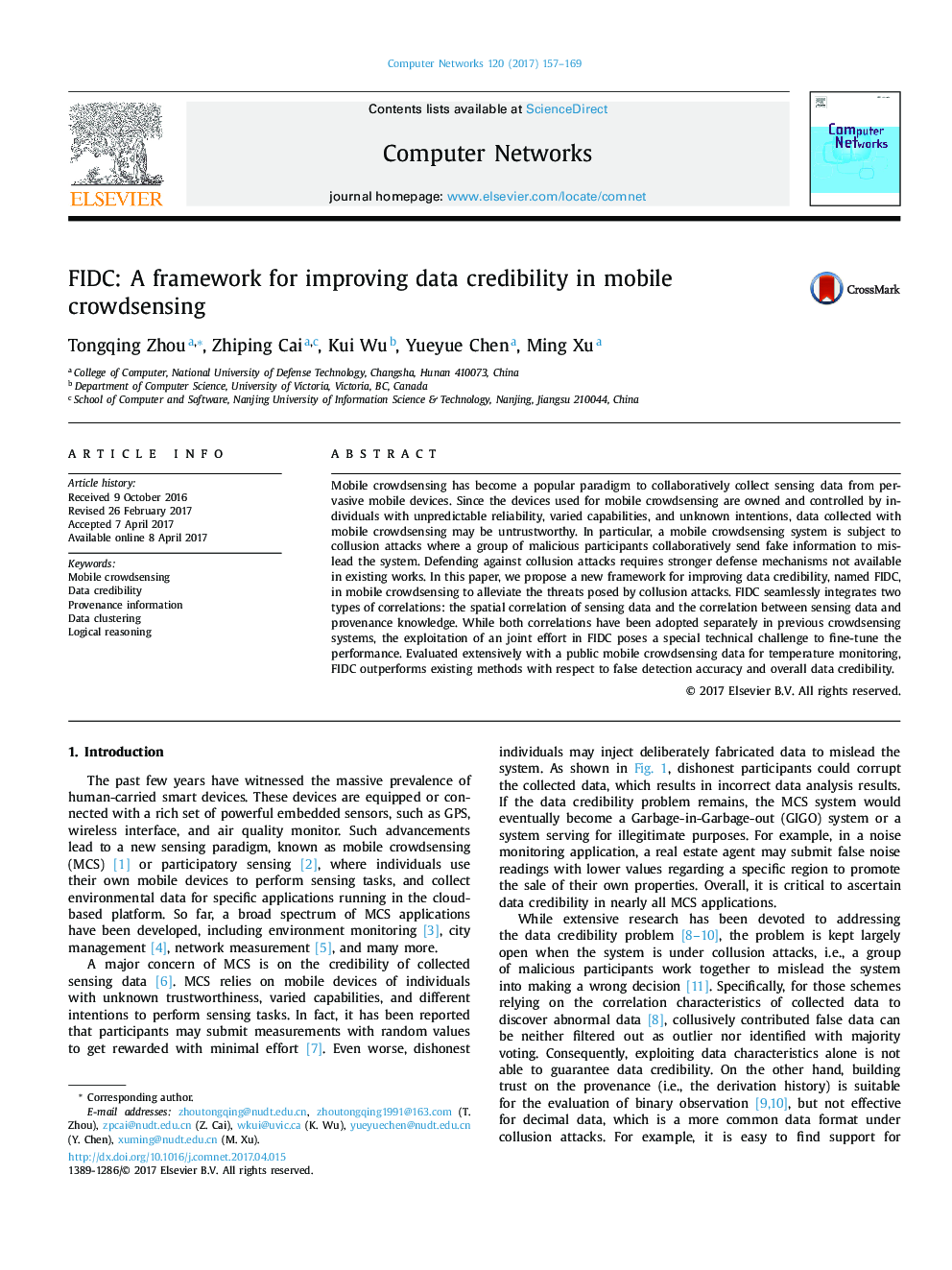 FIDC: A framework for improving data credibility in mobile crowdsensing