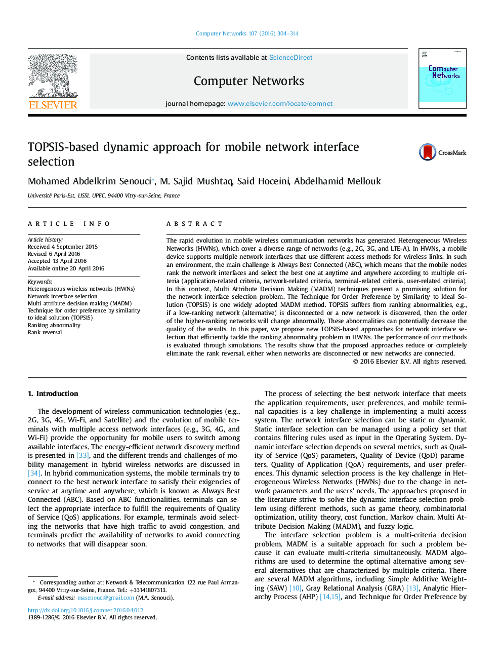 TOPSIS-based dynamic approach for mobile network interface selection