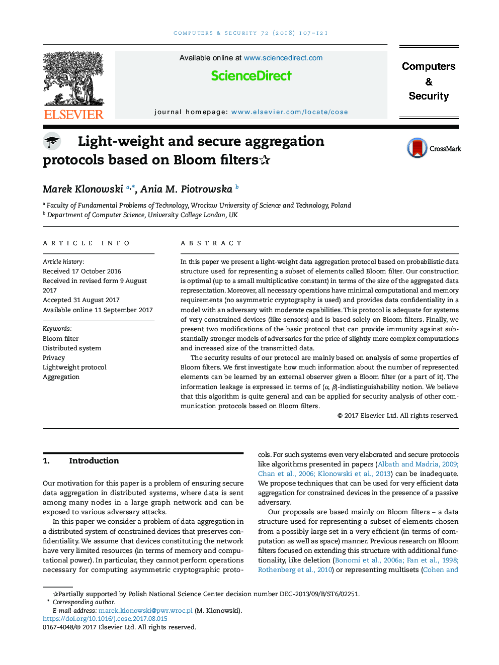 Light-weight and secure aggregation protocols based on Bloom filtersâ°