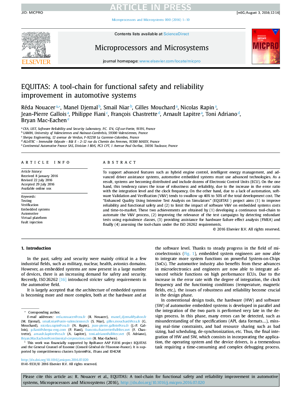 EQUITAS: A tool-chain for functional safety and reliability improvement in automotive systems