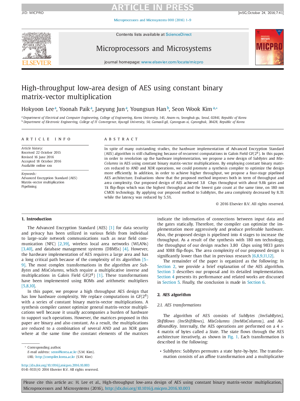 High-throughput low-area design of AES using constant binary matrix-vector multiplication