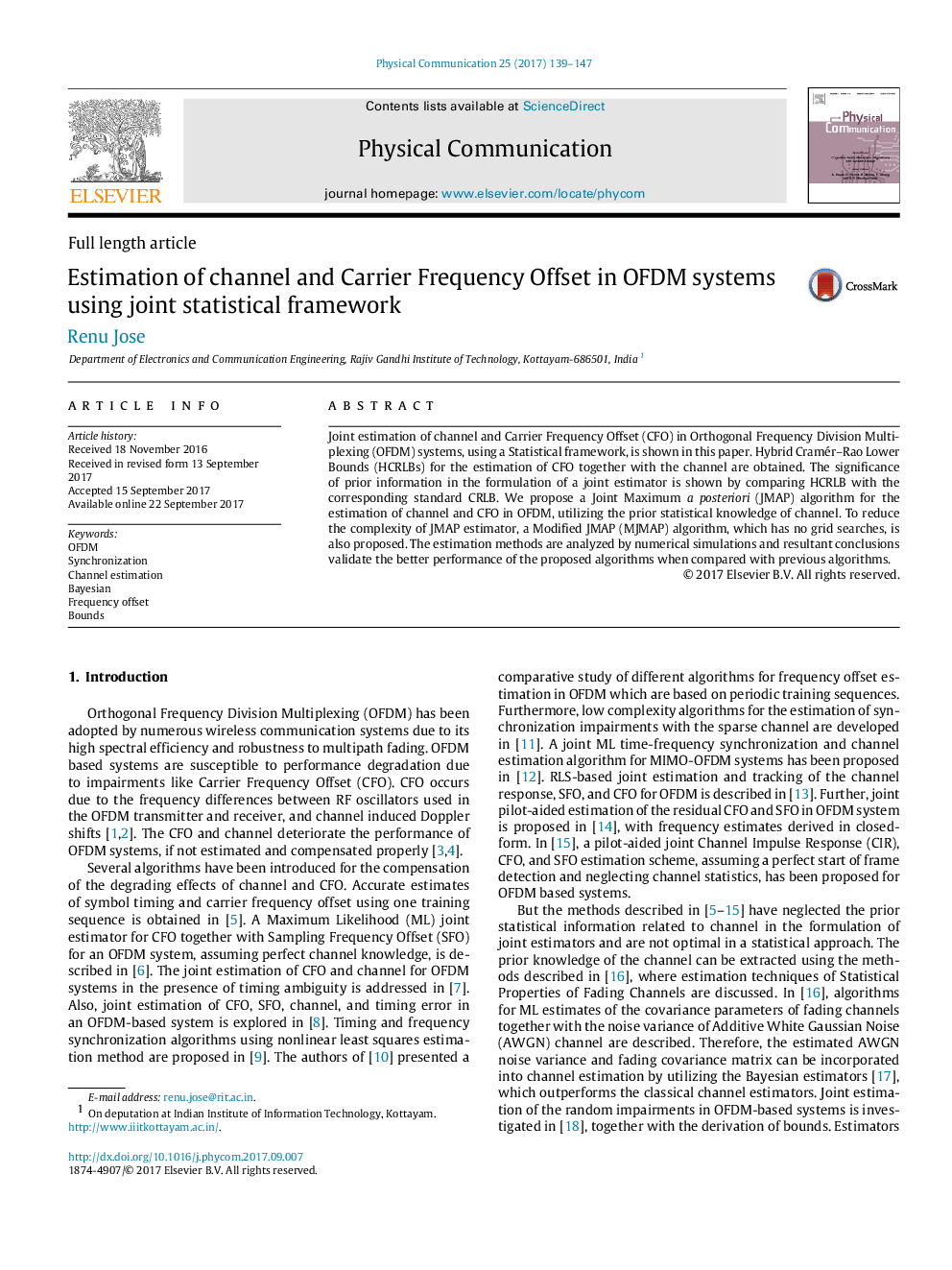 Estimation of channel and Carrier Frequency Offset in OFDM systems using joint statistical framework