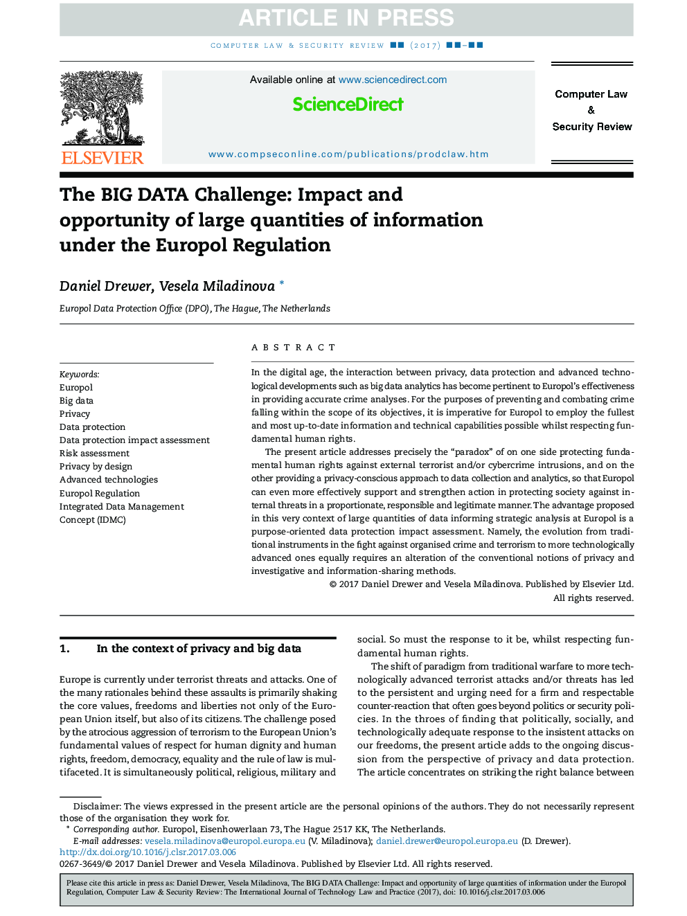 The BIG DATA Challenge: Impact and opportunity of large quantities of information under the Europol Regulation