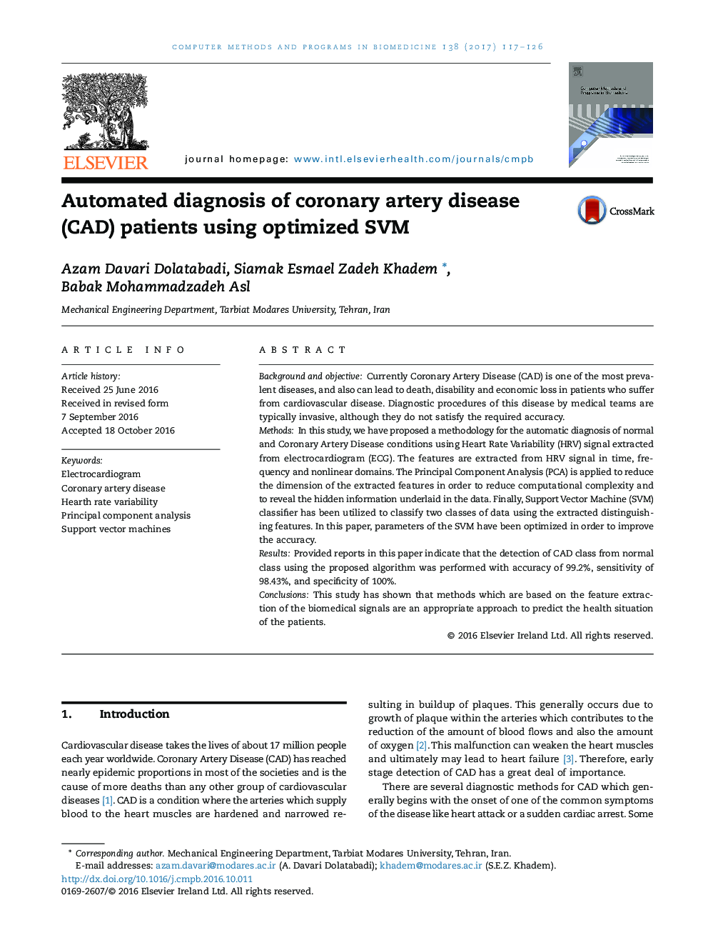 Automated diagnosis of coronary artery disease (CAD) patients using optimized SVM