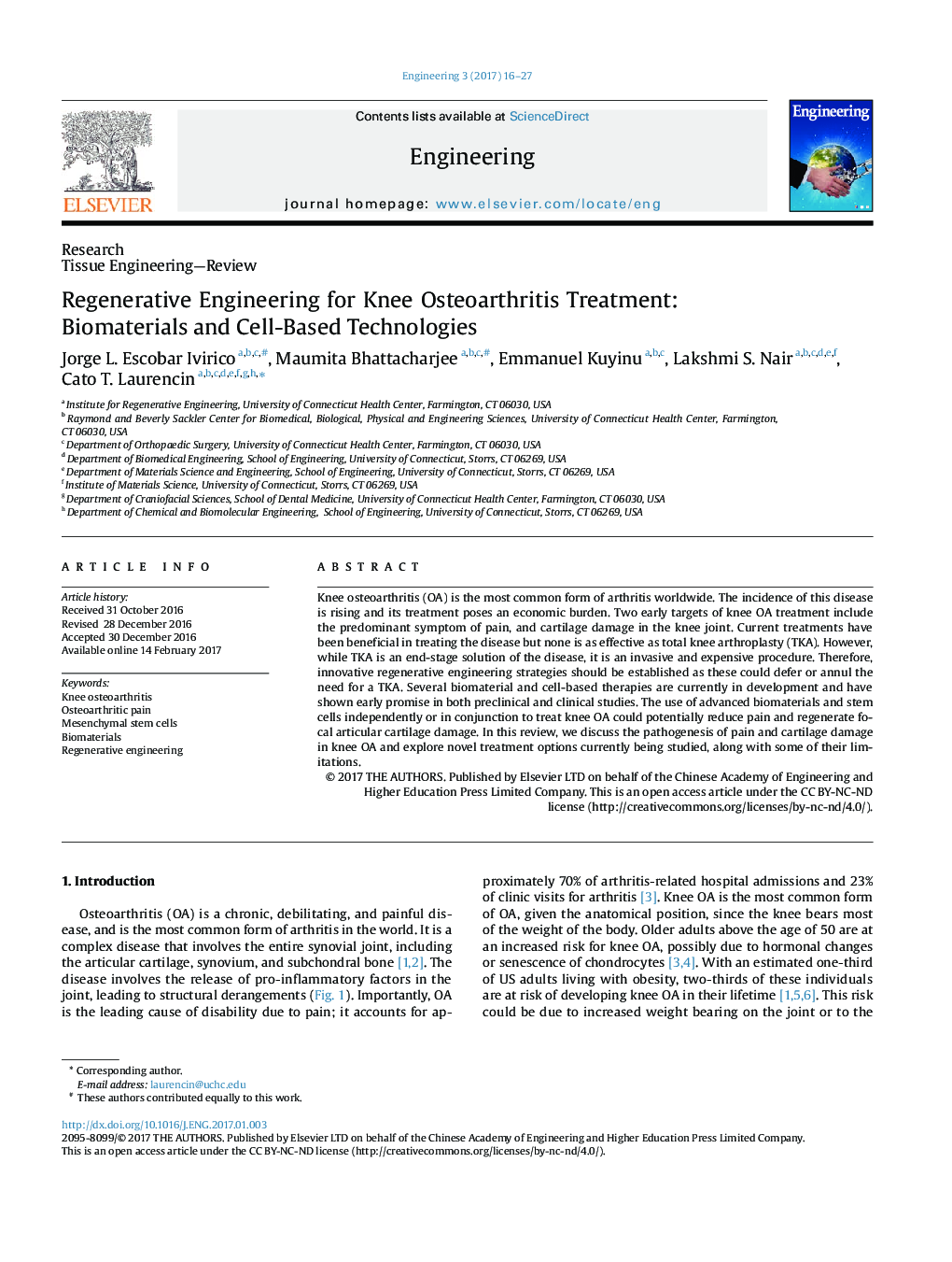 مهندسی بازسازی برای درمان استئو آرتریت زانو: مواد بیولوژیکی و فن آوری های مبتنی بر سلول 