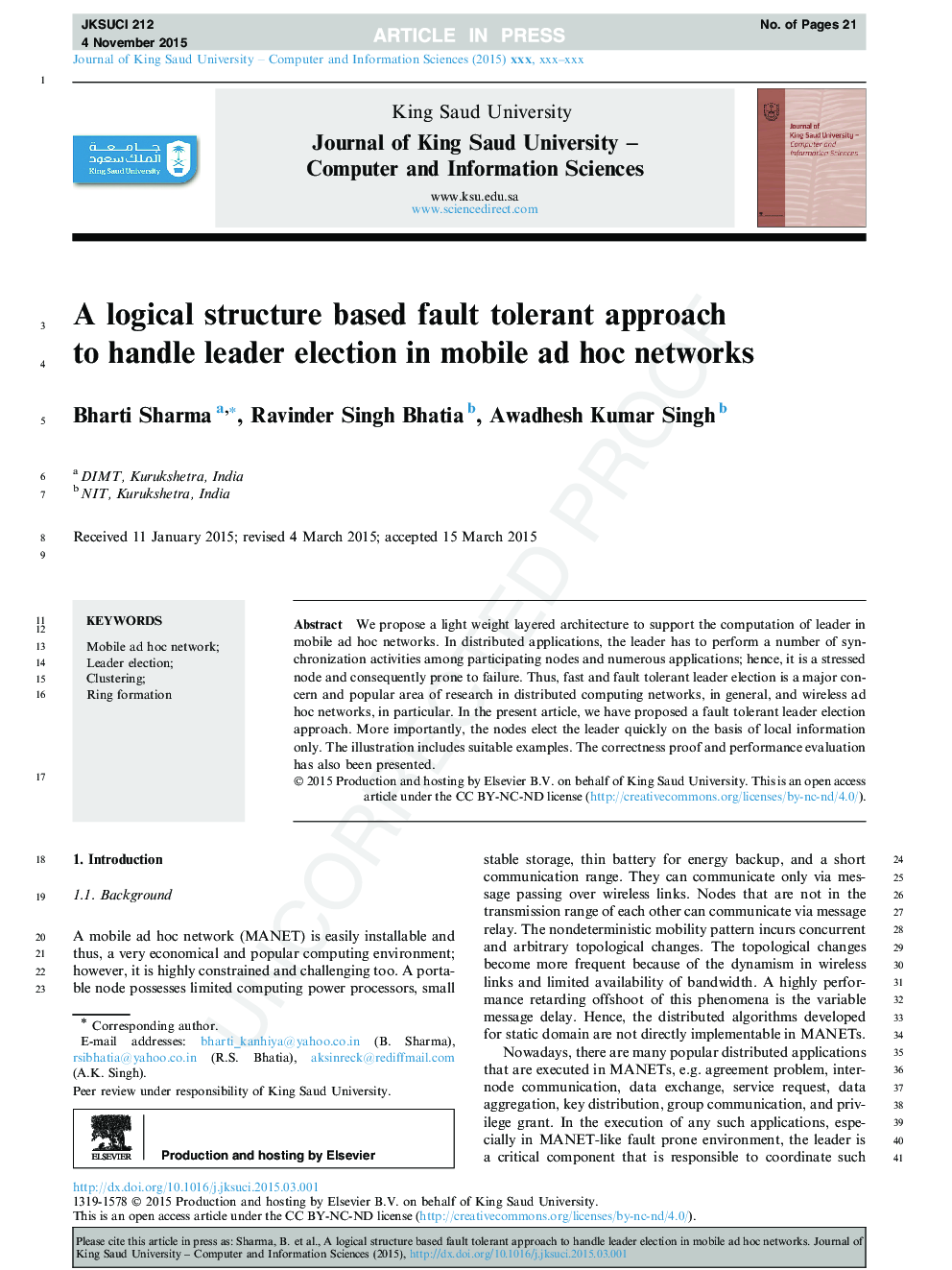 A logical structure based fault tolerant approach to handle leader election in mobile ad hoc networks