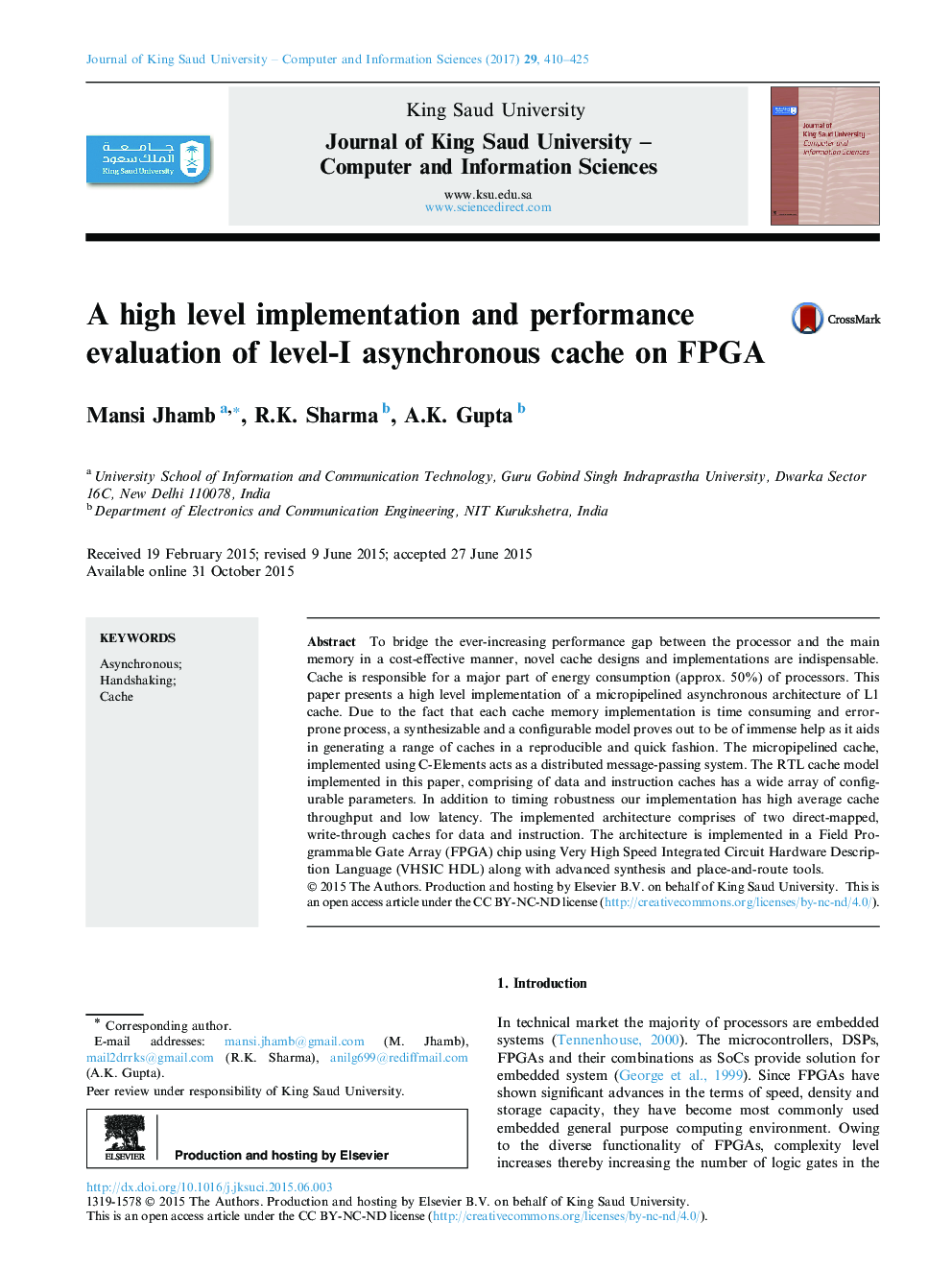 A high level implementation and performance evaluation of level-I asynchronous cache on FPGA