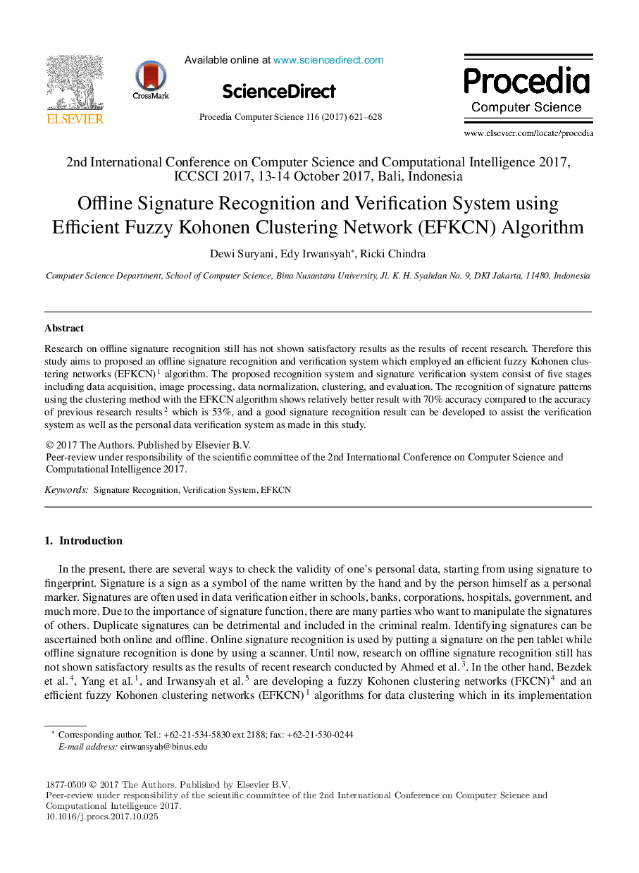 Offline Signature Recognition and Verification System using Efficient Fuzzy Kohonen Clustering Network (EFKCN) Algorithm