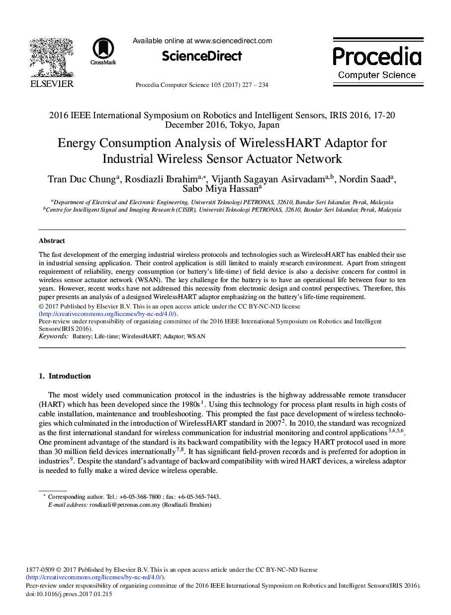Energy Consumption Analysis of WirelessHART Adaptor for Industrial Wireless Sensor Actuator Network