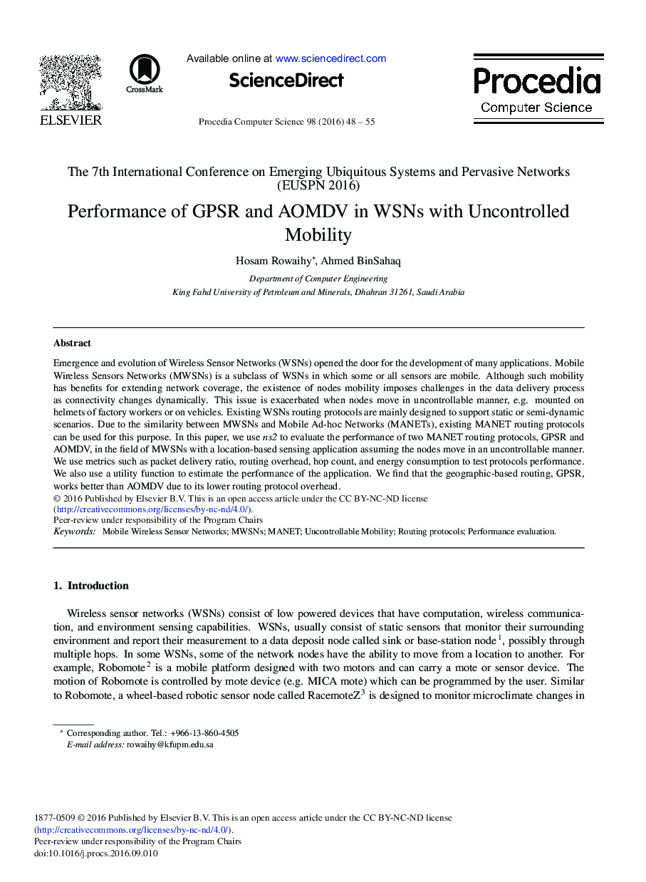 Performance of GPSR and AOMDV in WSNs with Uncontrolled Mobility