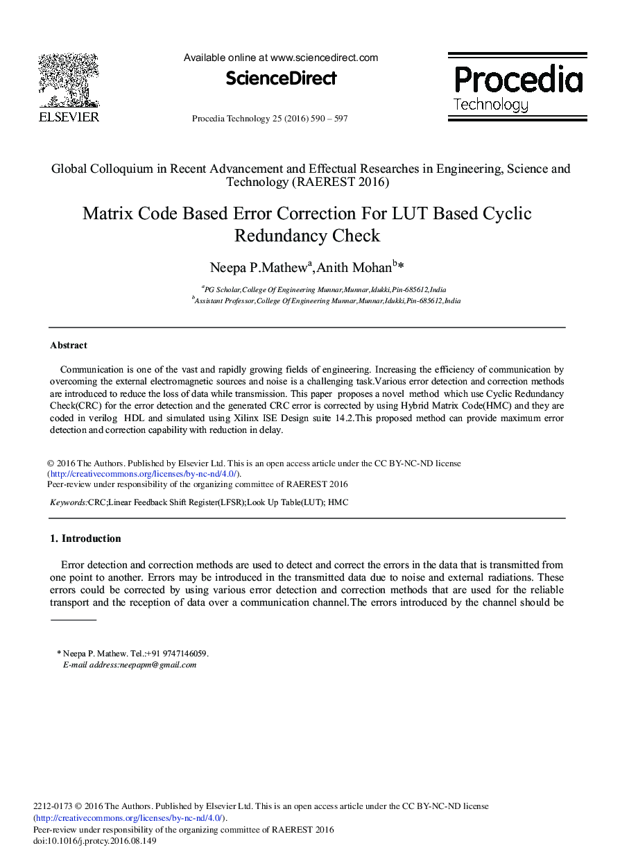 Matrix Code Based Error Correction for LUT Based Cyclic Redundancy Check