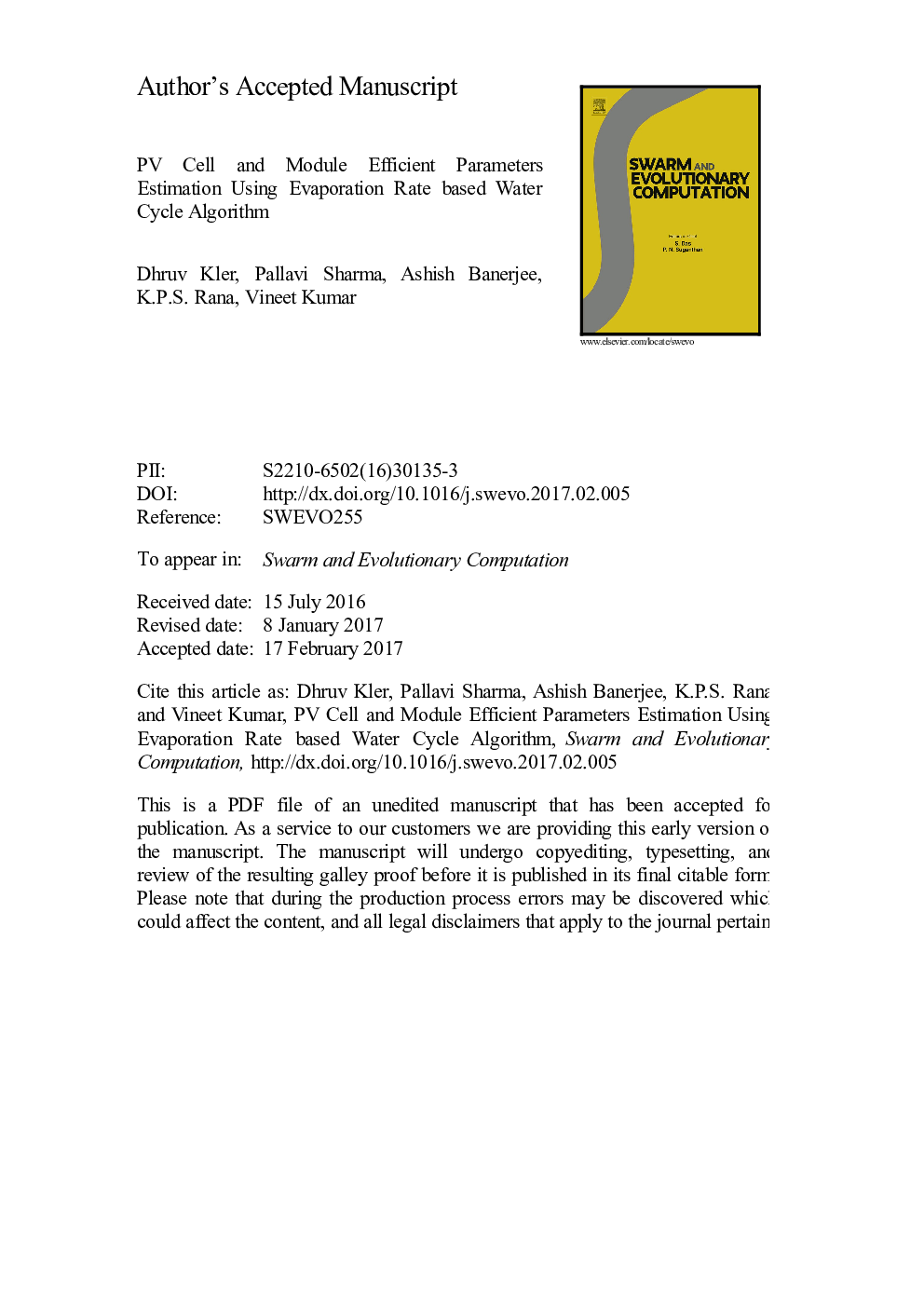 PV cell and module efficient parameters estimation using Evaporation Rate based Water Cycle Algorithm