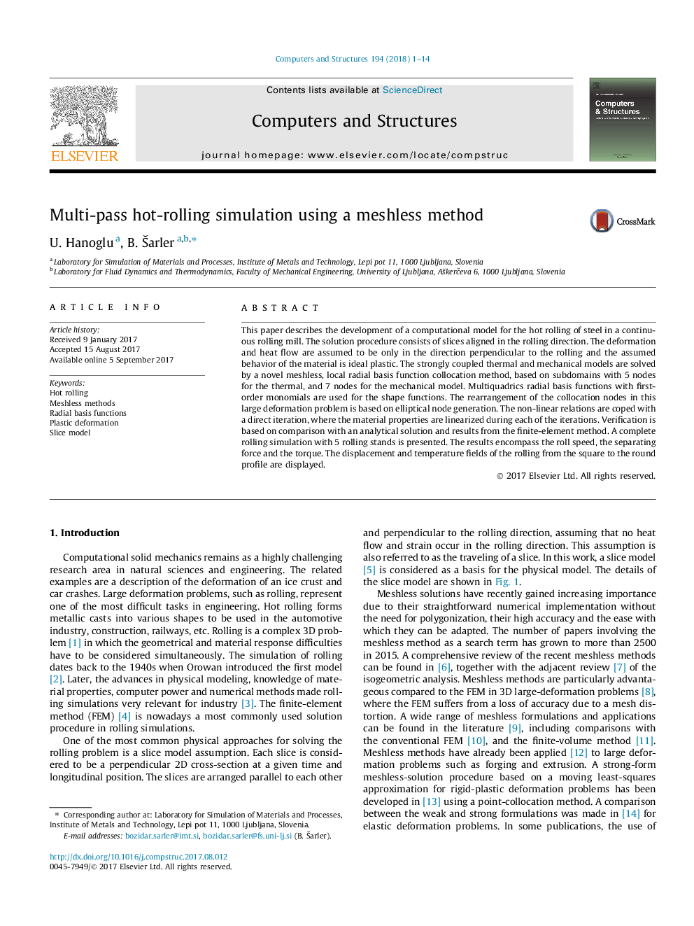 Multi-pass hot-rolling simulation using a meshless method