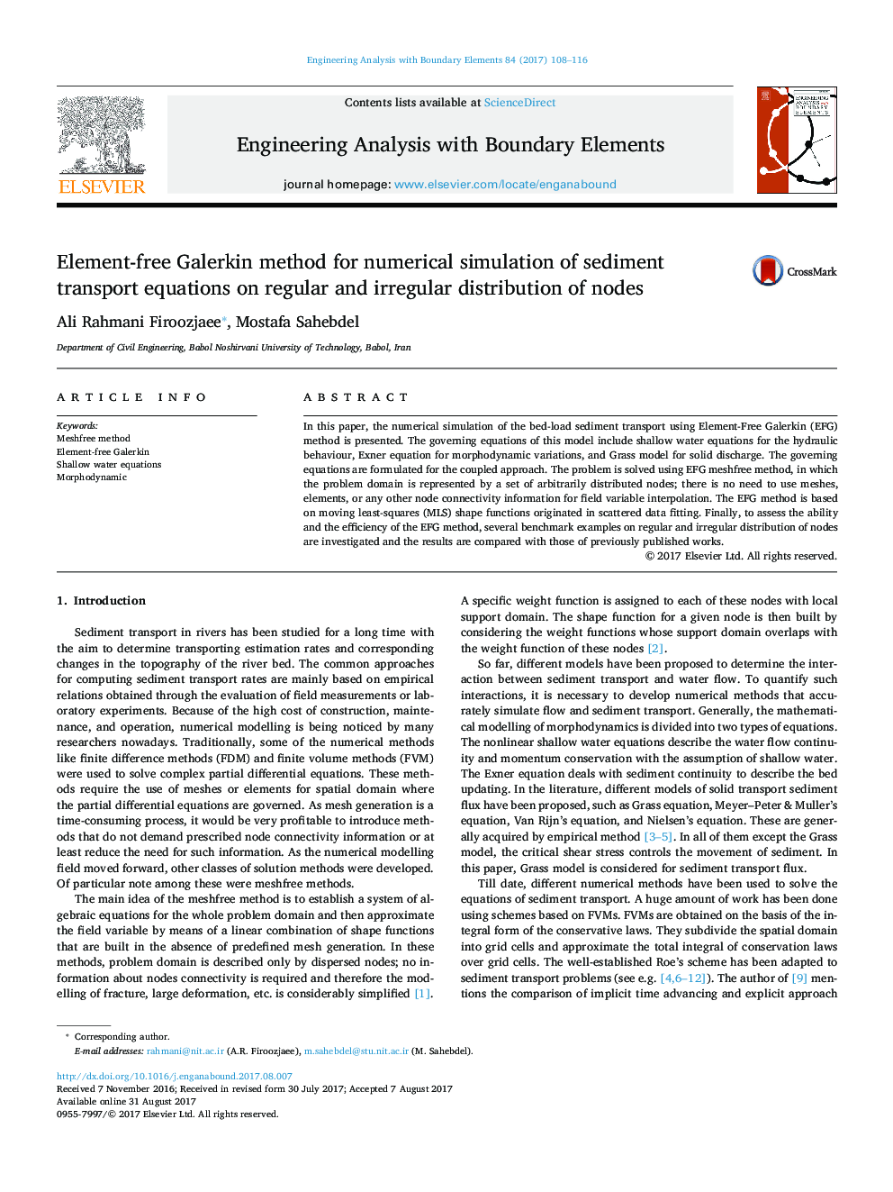 Element-free Galerkin method for numerical simulation of sediment transport equations on regular and irregular distribution of nodes