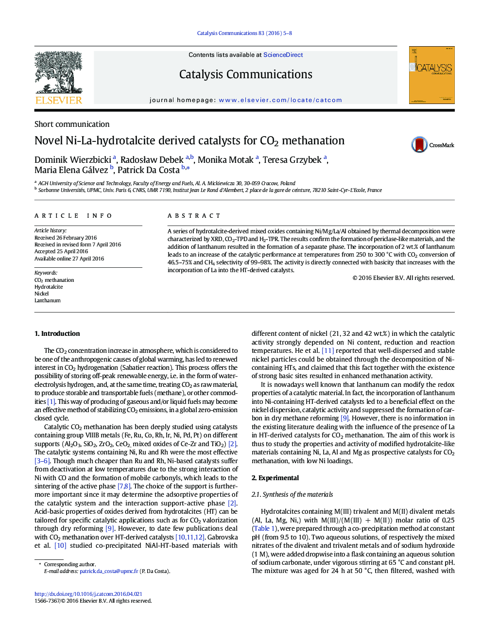 کاتالیزورهای مشتق شده از Ni-La-Hydrotocite Novel برای methanation CO2