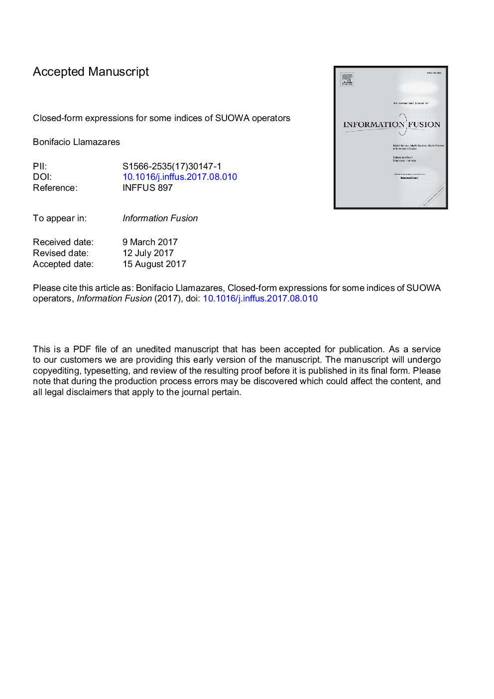 Closed-form expressions for some indices of SUOWA operators