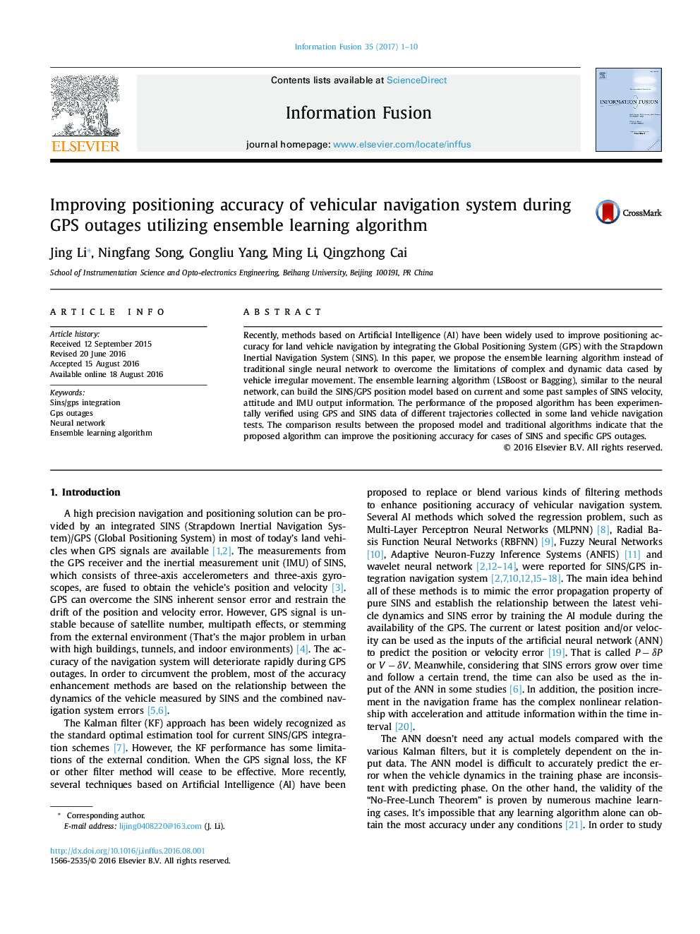 Improving positioning accuracy of vehicular navigation system during GPS outages utilizing ensemble learning algorithm