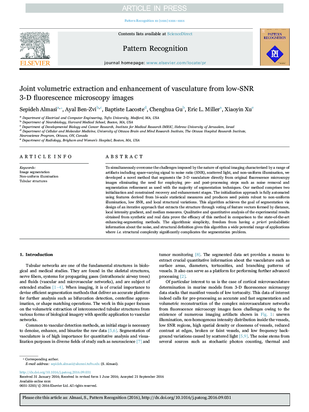 Joint volumetric extraction and enhancement of vasculature from low-SNR 3-D fluorescence microscopy images