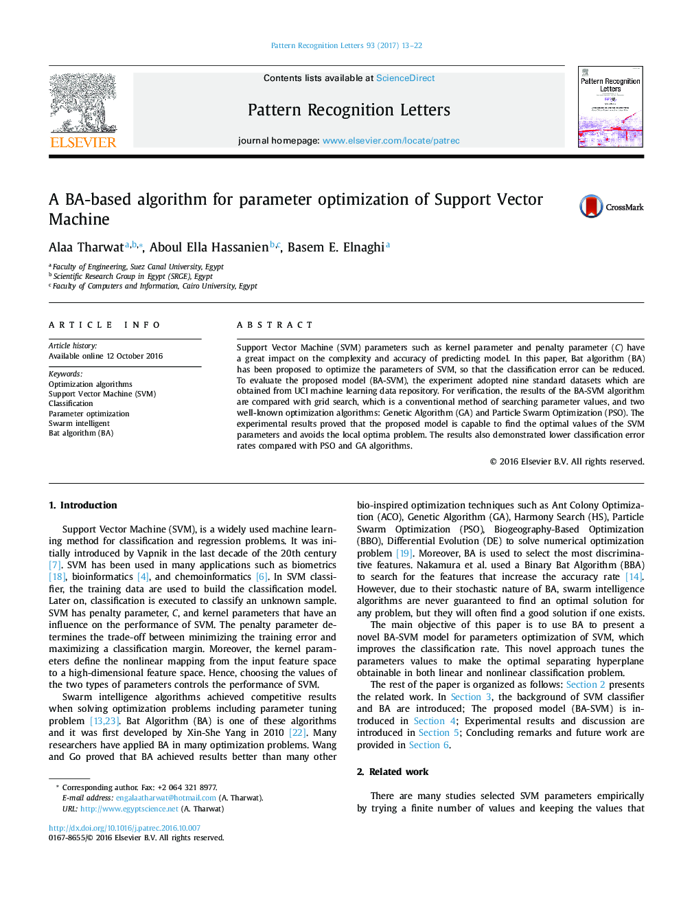 A BA-based algorithm for parameter optimization of Support Vector Machine
