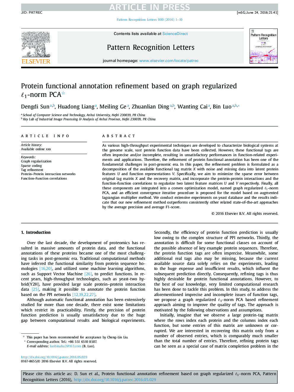 Protein functional annotation refinement based on graph regularized â1-norm PCA